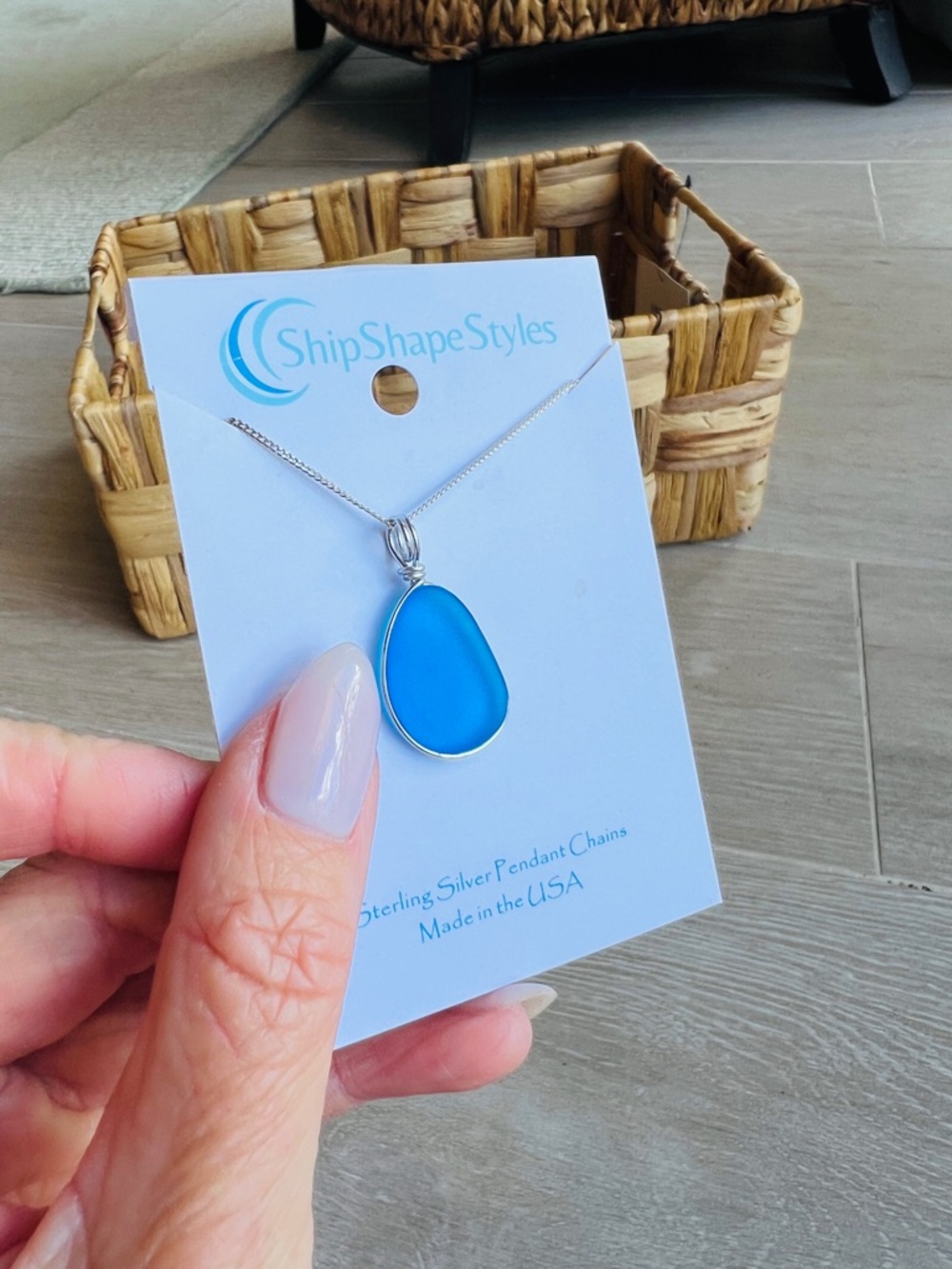 Sterling Silver Blue Sea Glass Pendant Necklace